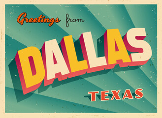 Greetings from Dallas, Texas, USA - Wish you were here! - Vintage Touristic Postcard. Vector Illustration. Used effects can be easily removed for a brand new, clean card.