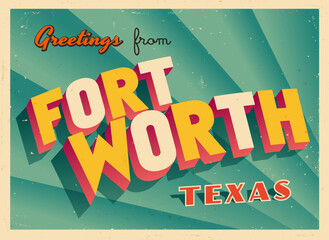 Greetings from Fort Worth, Texas, USA - Wish you were here! - Vintage Touristic Postcard. Vector Illustration. Used effects can be easily removed for a brand new, clean card. - 650070716