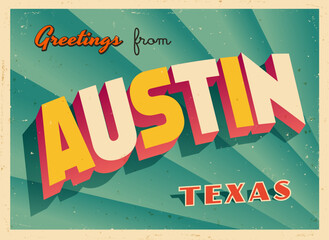 Greetings from Austin, Texas, USA - Wish you were here! - Vintage Touristic Postcard. Vector Illustration. Used effects can be easily removed for a brand new, clean card. - 650070732