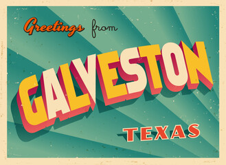 Greetings from Galveston, Texas, USA - Wish you were here! - Vintage Touristic Postcard. Vector Illustration. Used effects can be easily removed for a brand new, clean card. - 650070735