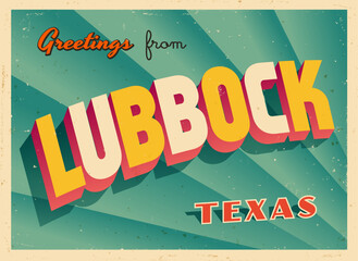 Greetings from Lubbock, Texas, USA - Wish you were here! - Vintage Touristic Postcard. Vector Illustration. Used effects can be easily removed for a brand new, clean card.