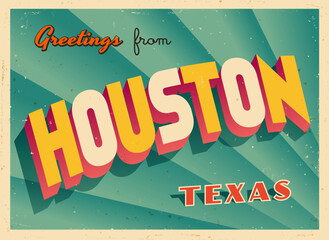 Greetings from Houston, Texas, USA - Wish you were here! - Vintage Touristic Postcard. Vector Illustration. Used effects can be easily removed for a brand new, clean card. - 650070748