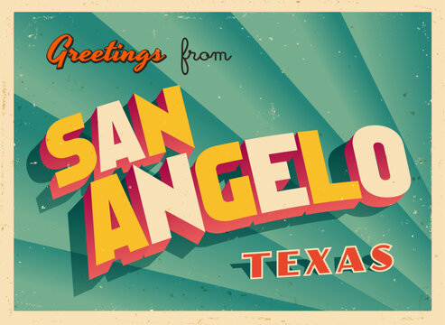 Greetings from San Angelo, Texas, USA - Wish you were here! - Vintage Touristic Postcard. Vector Illustration. Used effects can be easily removed for a brand new, clean card.
