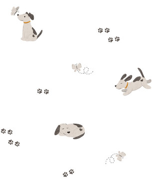 Seamless minimal pattern with cute puppy, butterfly. Simple dog and insect. Endless background in scandinavian style. Stylized digital illustration. Scandi repeating texture for wrapping paper, fabric