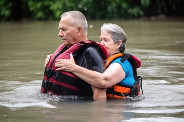 water rescue, man and woman with life vest in water together while swimming