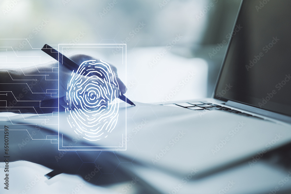 Poster abstract creative fingerprint concept with hand writing in notebook on background with laptop. multi