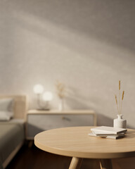 Copy space on a wooden round table in a cozy, minimalist bedroom. close-up image
