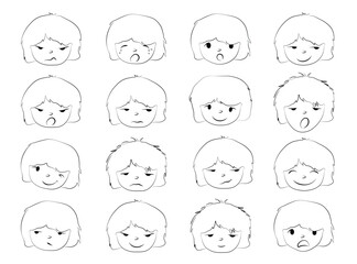 Set of different cartoon facial expressions outline flat vector isolated on white background. Cute emotion faces icons in doodle sketch style. Feelings faces of short haired girl.