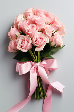 Free photo top view beautiful roses bouquet with pink ribbon