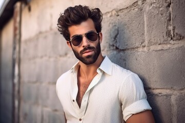 shot of an attractive man in retro sunglasses standing outdoors against a wall