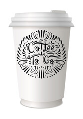 Coffee to go lettering on disposable cup. Lettering emblem quotes text. Hot street drink cardboard packaging plastic or paper cap diversity. Trendy and bright graffiti style