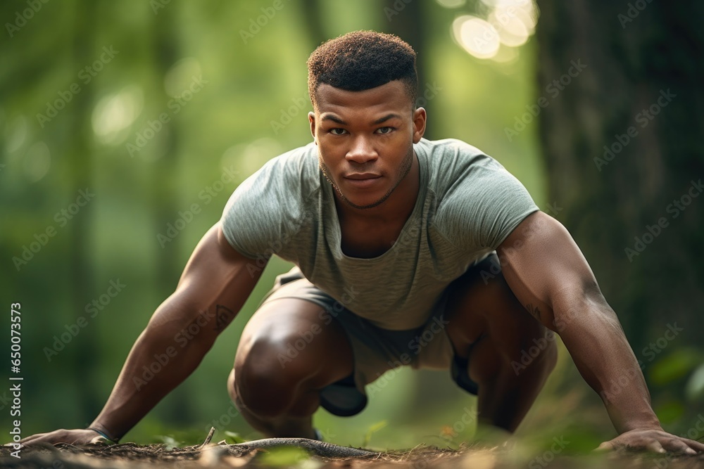 Poster shot of a young man stretching during his outdoor workout class