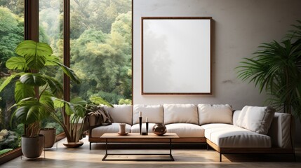 Fototapeta premium Living room with a blank empty mockup painting frame on a wall