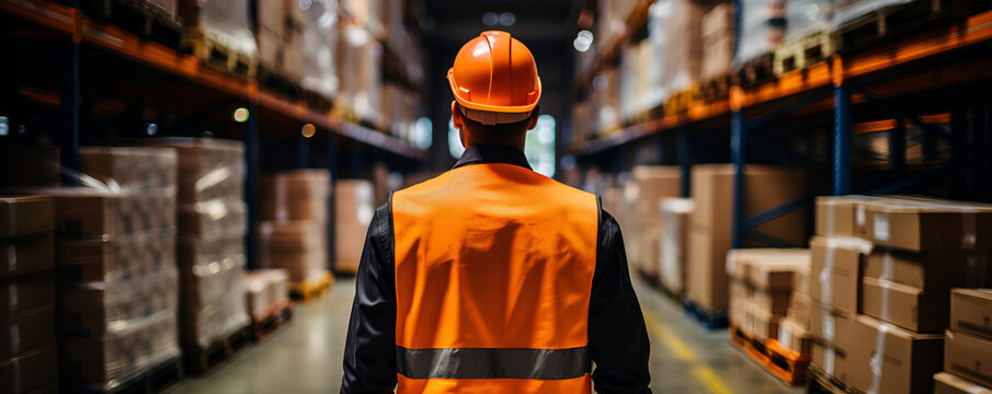 A storage manager stands and looks at the inventory at the facility. racks with boxes in a large hangar
