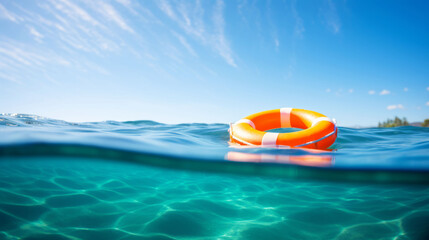 Lifebuoy floating on the water in the ocean as life saver