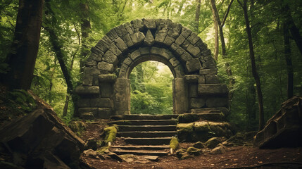 Ancient abandoned stone portal ruins in the forest