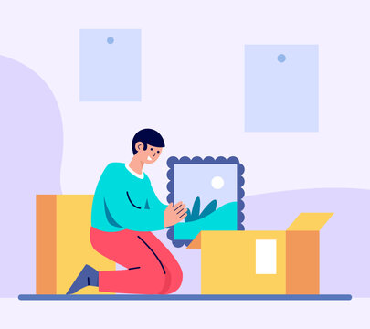 Man sitting near box and packing picture. Transportation of valuable fragile items. Moving concept. Flat vector illustration in blue colors in cartoon style
