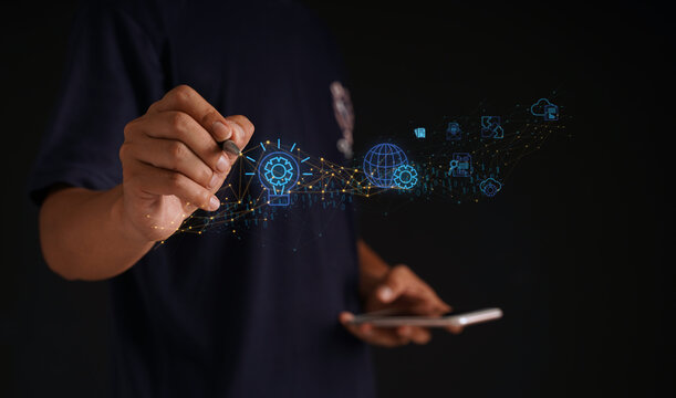 Businessman using a concept to manage a networked data warehouse on a smartphone. Wireless network linking and management concept in icon style. Virtual abstract with data lines Copy space.