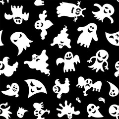 Seamless vector pattern for Halloween design. Halloween symbols ghost in cartoon style. Vector Illustration