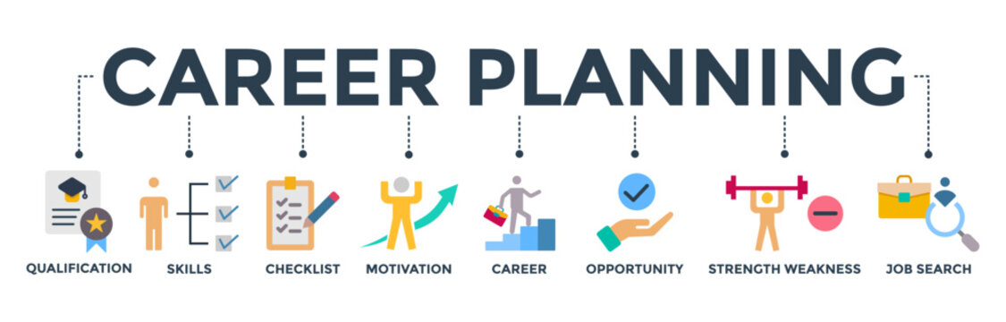Career planning web icon vector illustration concept with icon of qualification, skills, checklist, motivation, career, opportunity, strength weakness, job search