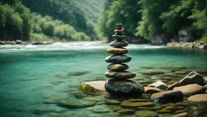 Deurstickers Stack of stones balancing on top in blue water of the river © Amir Bajric