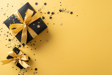 Festive Elegance Unveiled: Capture essence of anticipation with top view image featuring black gift boxes donning golden ribbons, accompanied by sophisticated confetti, set against yellow background - obrazy, fototapety, plakaty