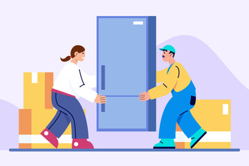 Man and woman carry fridge in apartment. Transportation of valuable fragile items. Moving concept. Flat vector illustration in blue colors in cartoon style