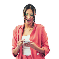 Happy woman, phone and laughing for funny social media isolated on a transparent PNG background....