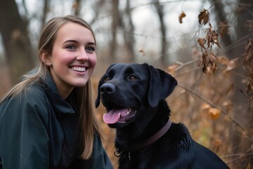 a young woman smiling with a black labrador by her side