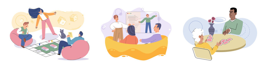 Game together. Family fun. Friendship time. Vector illustration. Board games stimulate mind and promote critical thinking skills Playing games with friends sparks joy and deepens connection between