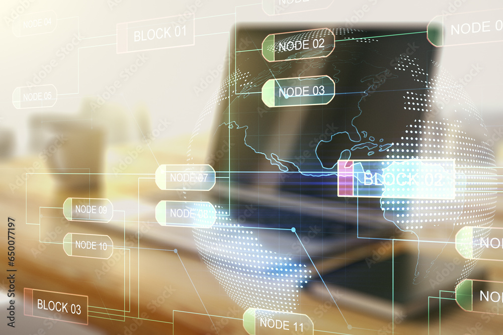 Poster Abstract creative coding illustration with world map and modern desktop with pc on background, international software development concept. Multiexposure