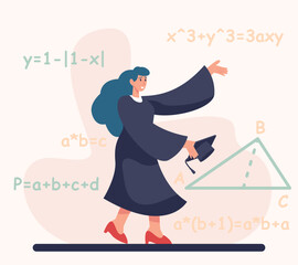 Female in academic dress standing near wall with mathematical examples. Happy graduation concept. Getting diploma, finishing study in university. Flat vector illustration in cartoon style