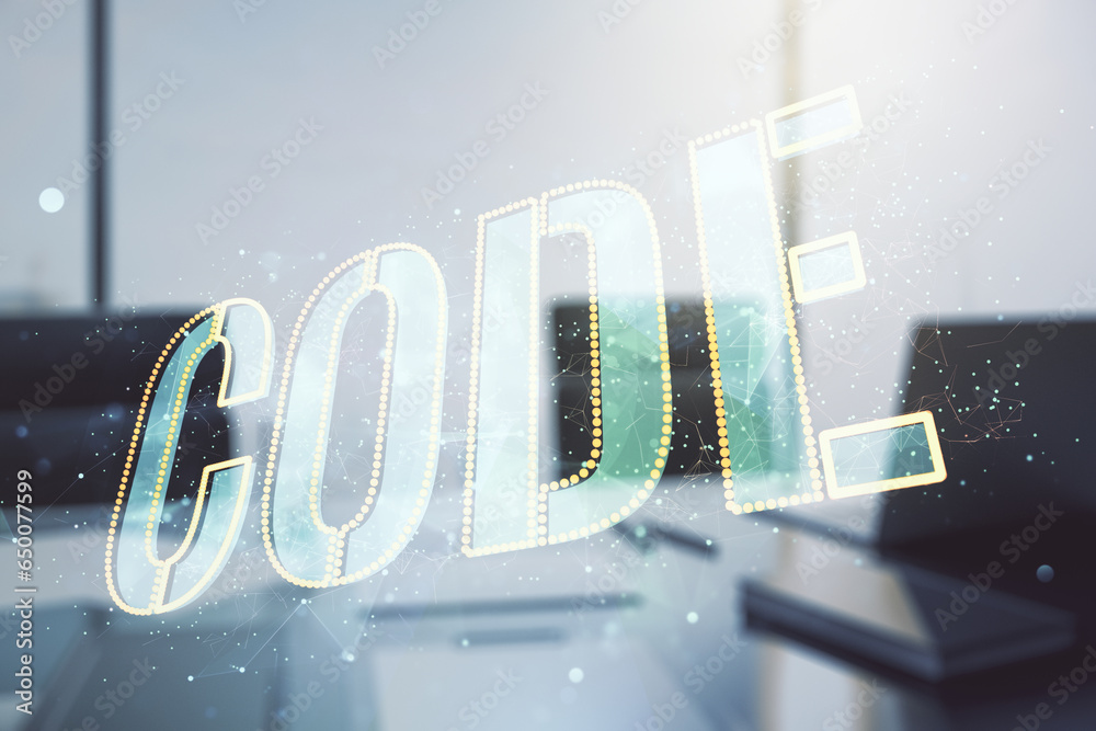 Poster creative code word sign and modern desktop with pc on background, international software development