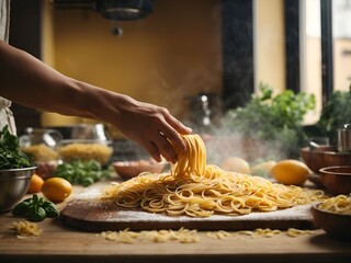 Detail of hands making artisanal pasta in a kitchen.