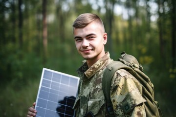 one confident young man holding a solar panel