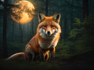 The fox Portrait. The fox captured in a close-up shot while the forest forms the background. The forest rich with towering trees, lush vegetation