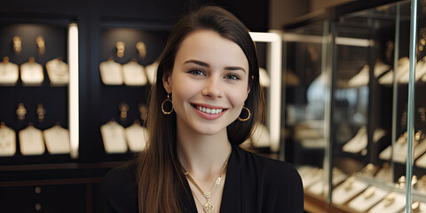jewelry store jewellery boutique background young saleswoman standing in jewelry store concept of retail girl worker employee shop staff shop small business owner at work - Powered by Adobe