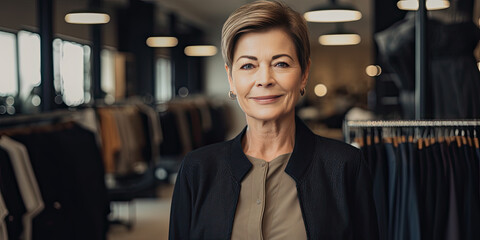 clothing store elegant luxury sales woman standing in clothe boutique concept or retail worker employee staff shop owner assistant cashier