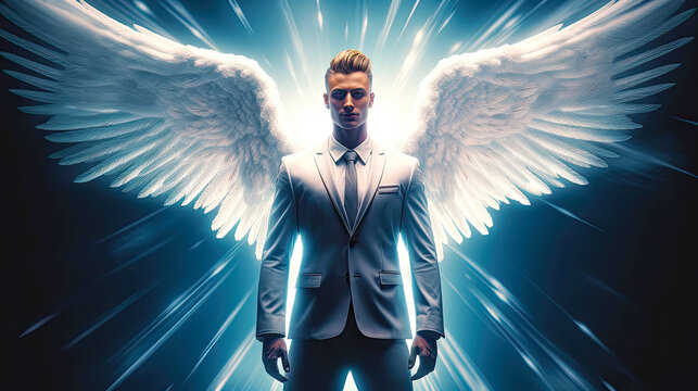 Angelic handsome man with wings and business suit. Postproducted generative AI illustration.