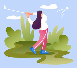 Young female hits ball with stick. Sporty and healthy lifestyle. Concept of playing golf. Flat vector illustration in cartoon style in blue and green colors