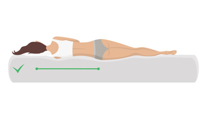 Correct sleeping body posture. Healthy sleeping position spine on orthopedic mattress and pillow. Caring for health of back, neck. Vector illustration