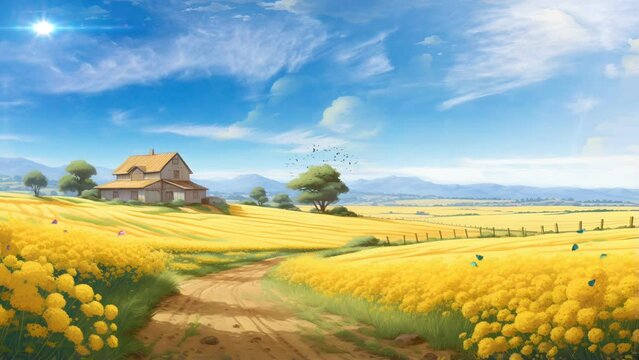 Beautiful fantastic landscape sunflowers garden on anime Japanese drawing style. Simple looping 4k animation background