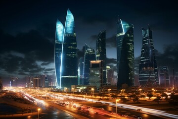 Fototapeta na wymiar Night view of the financial center in Riyadh, Saudi Arabia along King Fahad road. Generative AI