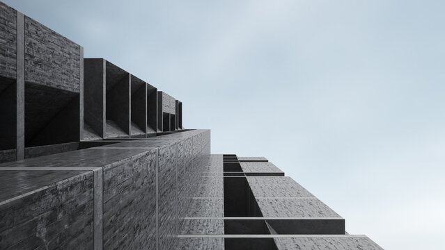 Concrete building with brutalism design. 3d rendering of abstract architecture with sky background.