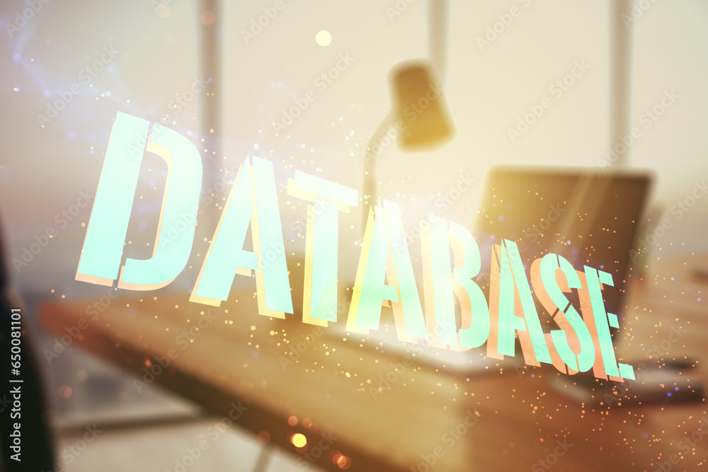 Poster double exposure of database word sign on laptop background, global research and analytics concept