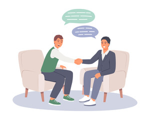 Young males talking about work tasks, shaking hands. Interviewing concept. Candidate answering on questions. Flat vector illustration in cartoon style in blue colors