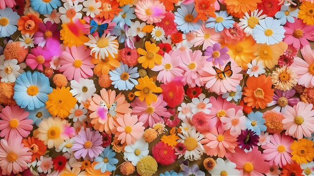 Top of view Colorful flowers with many butterflies looping scene animation 4k background. Eagle eye