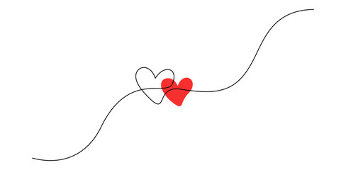 One continuous drawing of heart and color shape love sign. Thin contour and romantic symbol for greeting card and web banner in simple linear style. Editable stroke. Doodle outline vector illustration - obrazy, fototapety, plakaty