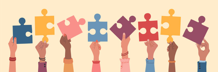 Diverse multiracial hands holding a pieces of jigsaw. Team cooperation and communication. Hand drawn vector vector illustration isolated on light background, flat cartoon style.