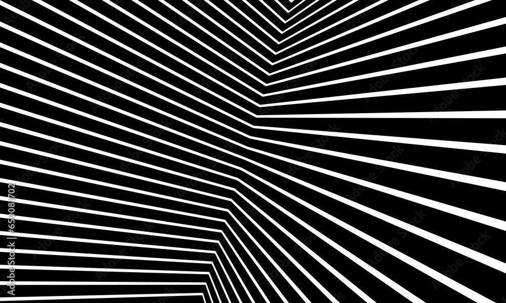 Poster black and white abstract art background with lines. striped optical illusion with perspective.